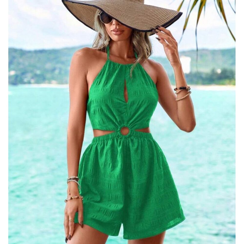 Women's Cut Out Tie Halter Neck Backless Summer Sleeveless Romper Jumpsuit Sz XL